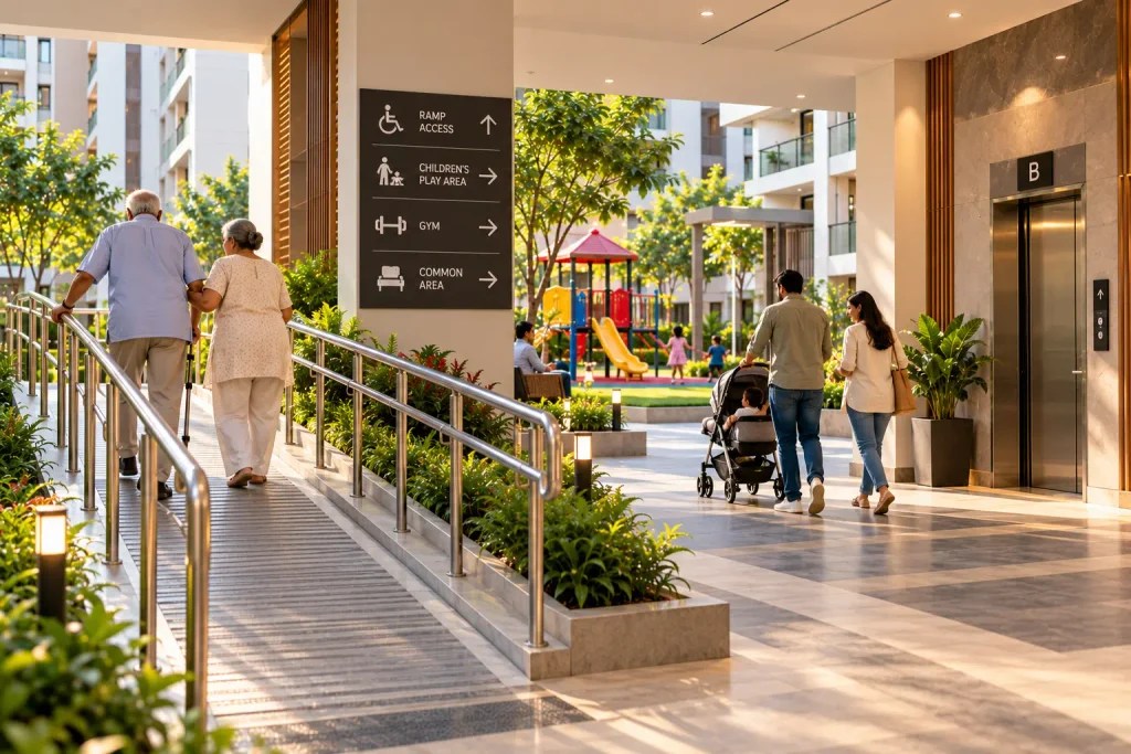 Accessible apartment layout planning with wheelchair ramps, lift access and family-friendly common areas