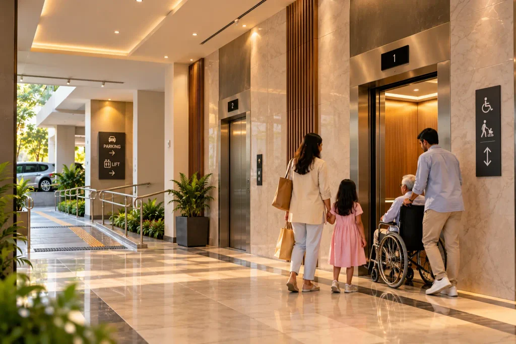 Accessible apartment lobby with lifts, wheelchair access and convenient movement for families and elderly residents