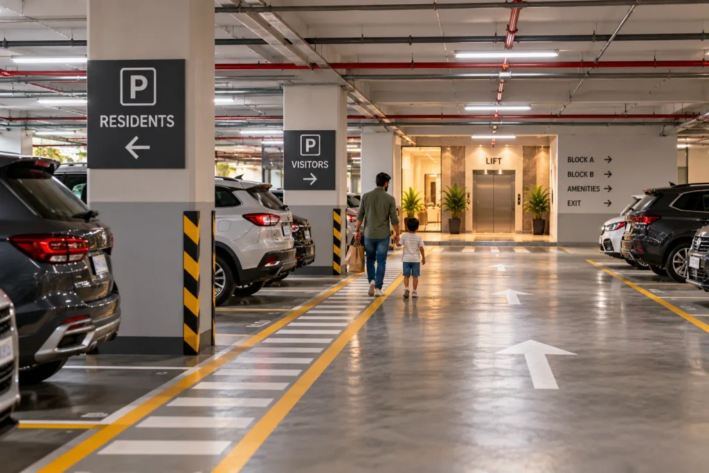 Apartment layout planning with organised parking spaces, pedestrian walkways and lift access