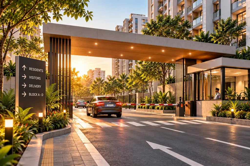Modern apartment entrance gate with visitor access, security cabin and clear directional signage