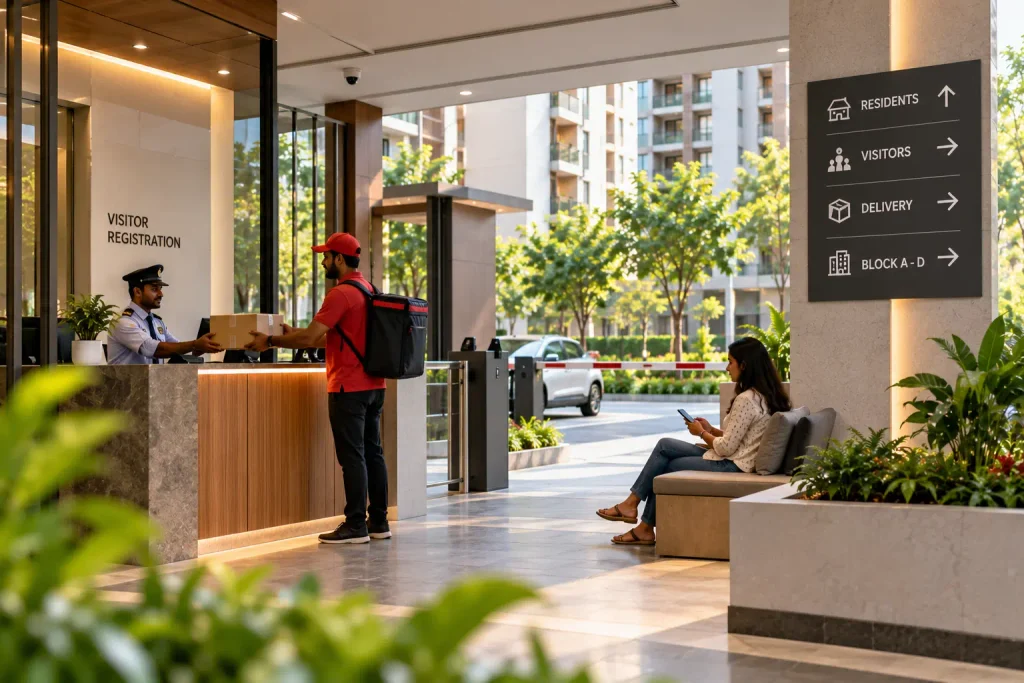 Modern apartment lobby with visitor registration, delivery reception and clear wayfinding signs