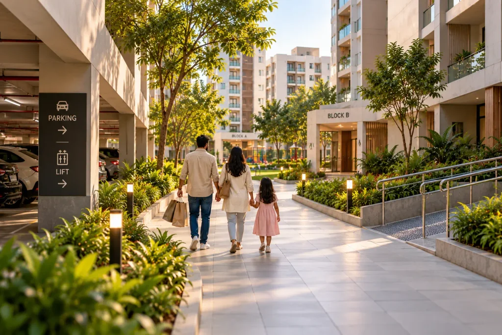 Apartment layout planning with landscaped pathways, convenient parking access and pedestrian-friendly walkways
