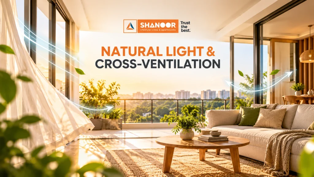 Sunlit living space in apartments with natural light and ventilation, featuring large windows for fresh air and daylight.