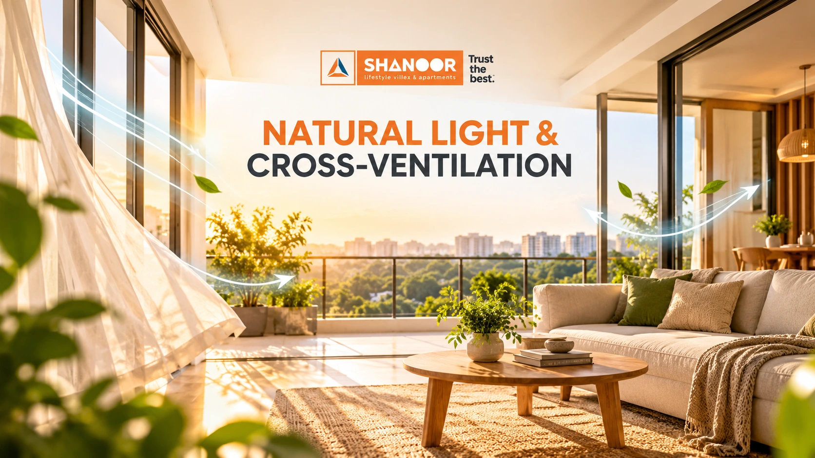 Sunlit living space in apartments with natural light and ventilation, featuring large windows for fresh air and daylight.