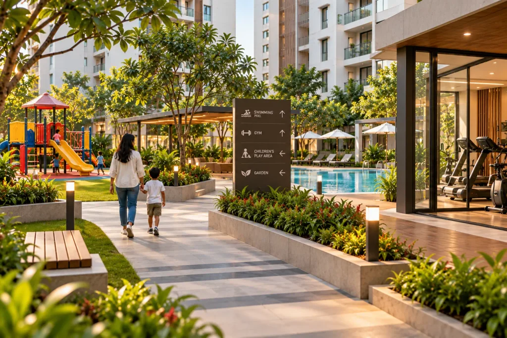 Apartment layout planning with landscaped walkways, swimming pool, gym and children's play area