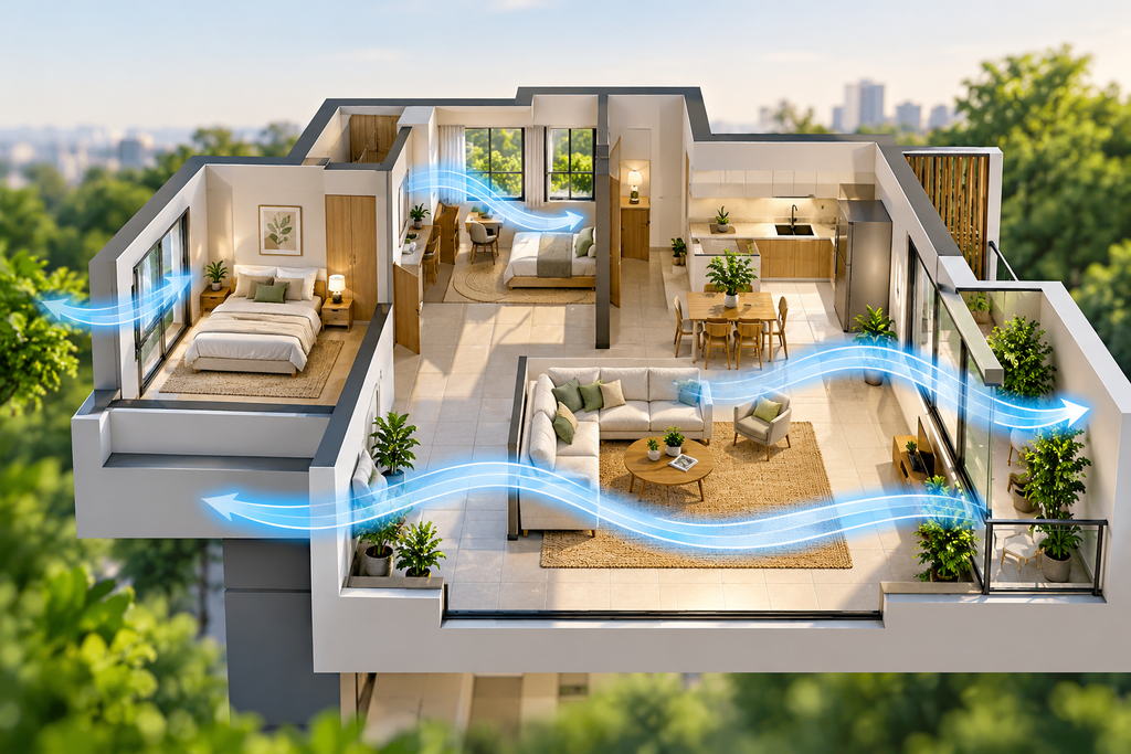 Modern apartment interior designed for natural light, proper ventilation, and comfortable living.