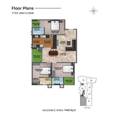 3 BHK FLOOR PLAN OF SHANOOR PENTA COUNTY TULIPS APARTMENTS IN KAZHAKUTTOM