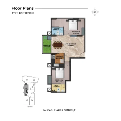 2 BHK TYPE B FLOOR PLAN OF SHANOOR PENTA COUNTY TULIPS APARTMENTS IN KAZHAKUTTOM