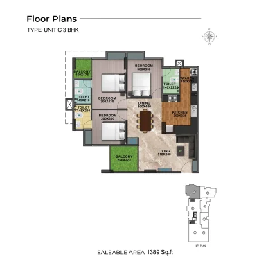 3 BHK TYPE C FLOOR PLAN OF SHANOOR PENTA COUNTY TULIPS APARTMENTS IN KAZHAKUTTOM