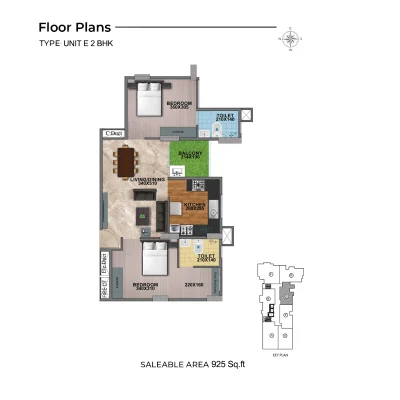 2 BHK TYPE E FLOOR PLAN OF SHANOOR PENTA COUNTY TULIPS APARTMENTS IN KAZHAKUTTOM