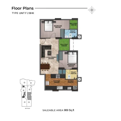 2 BHK TYPE F FLOOR PLAN OF SHANOOR PENTA COUNTY TULIPS APARTMENTS IN KAZHAKUTTOM