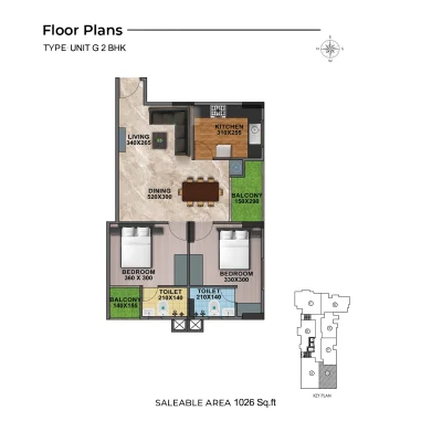 2 BHK TYPE G FLOOR PLAN OF SHANOOR PENTA COUNTY TULIPS APARTMENTS IN KAZHAKUTTOM